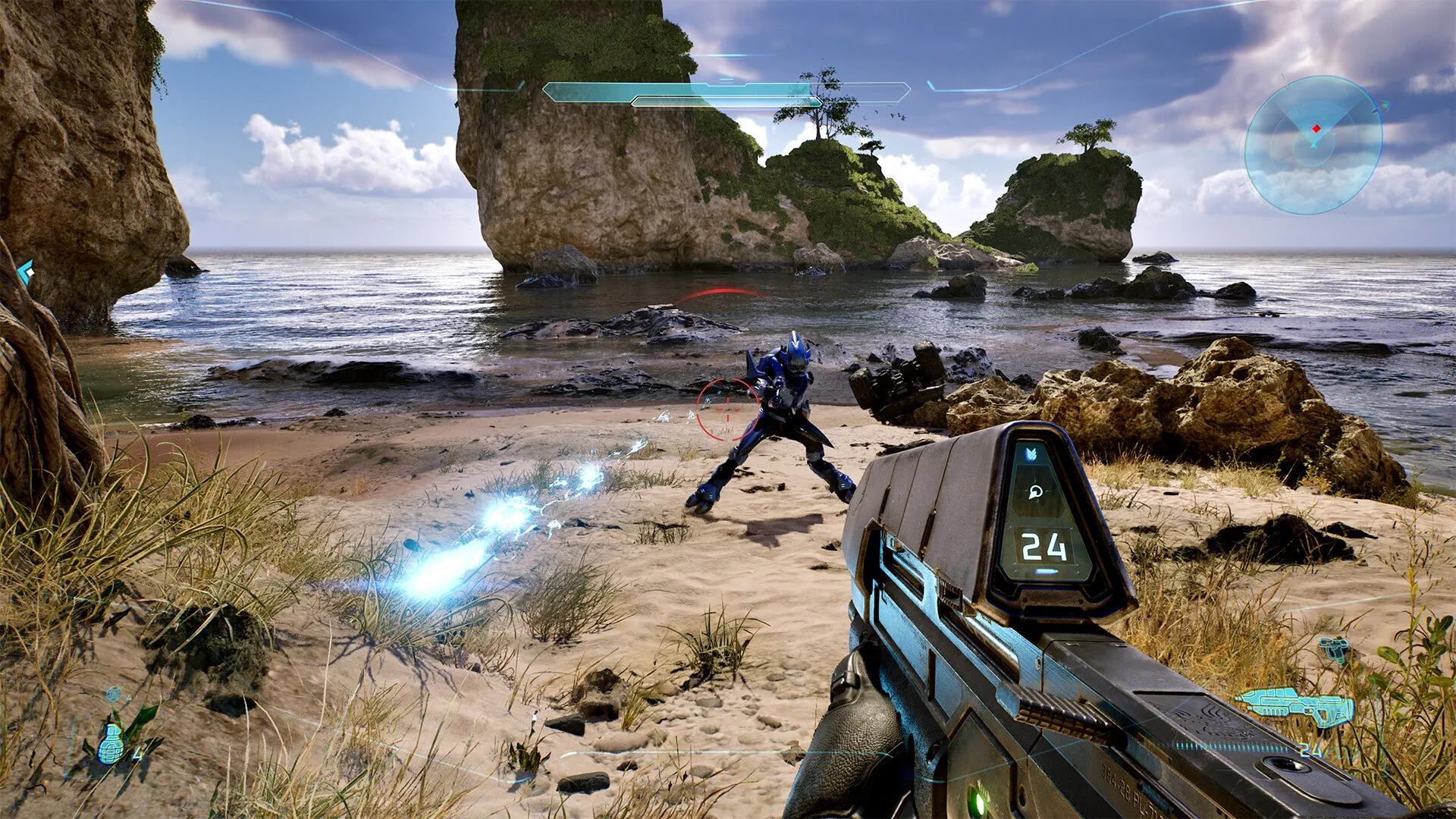 In Halo: Campaign Evolved, the player fires at an armored enemy on a beachfront from a first-person perspective