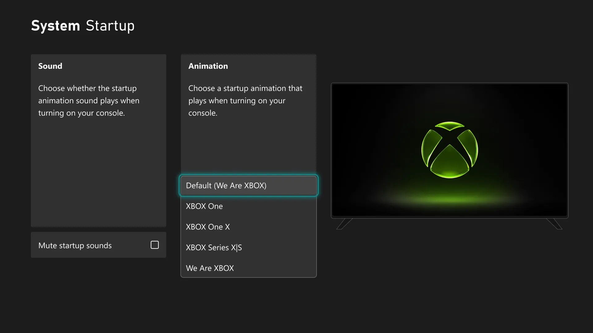 Xbox System Startup menu displaying startup animation choices like Xbox One and Series X|S alongside a TV preview screen.