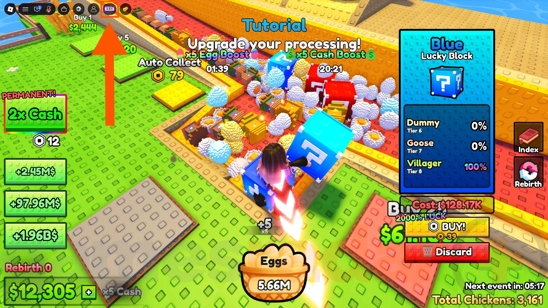 An orange arrow points to the Chicken Farm codes redemption button.