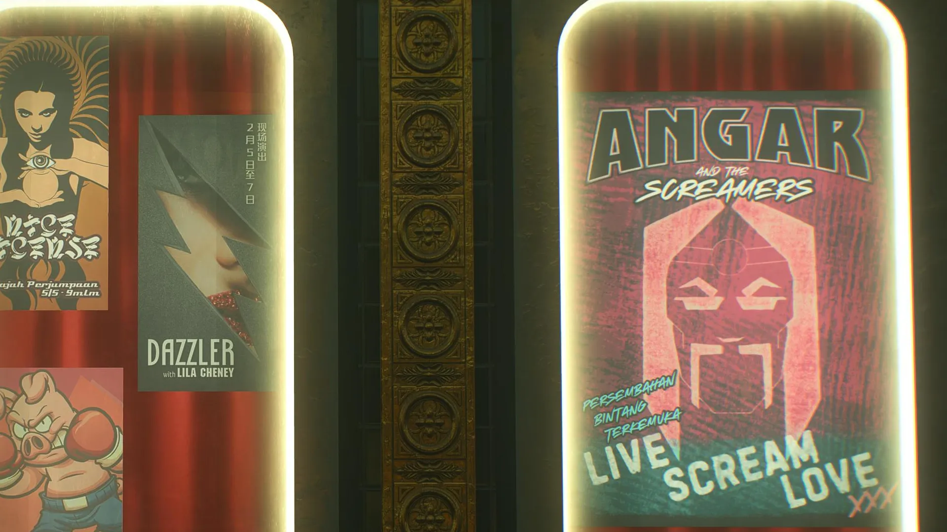 Angar and the Screamers poster in Marvel's Wolverine, showing a stylized head with a handlebar moustache