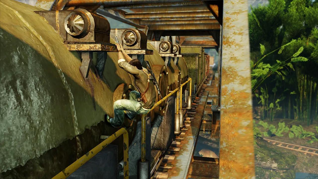 Nathan Drake climbing across the side of a train in Uncharted 2: Among Thieves