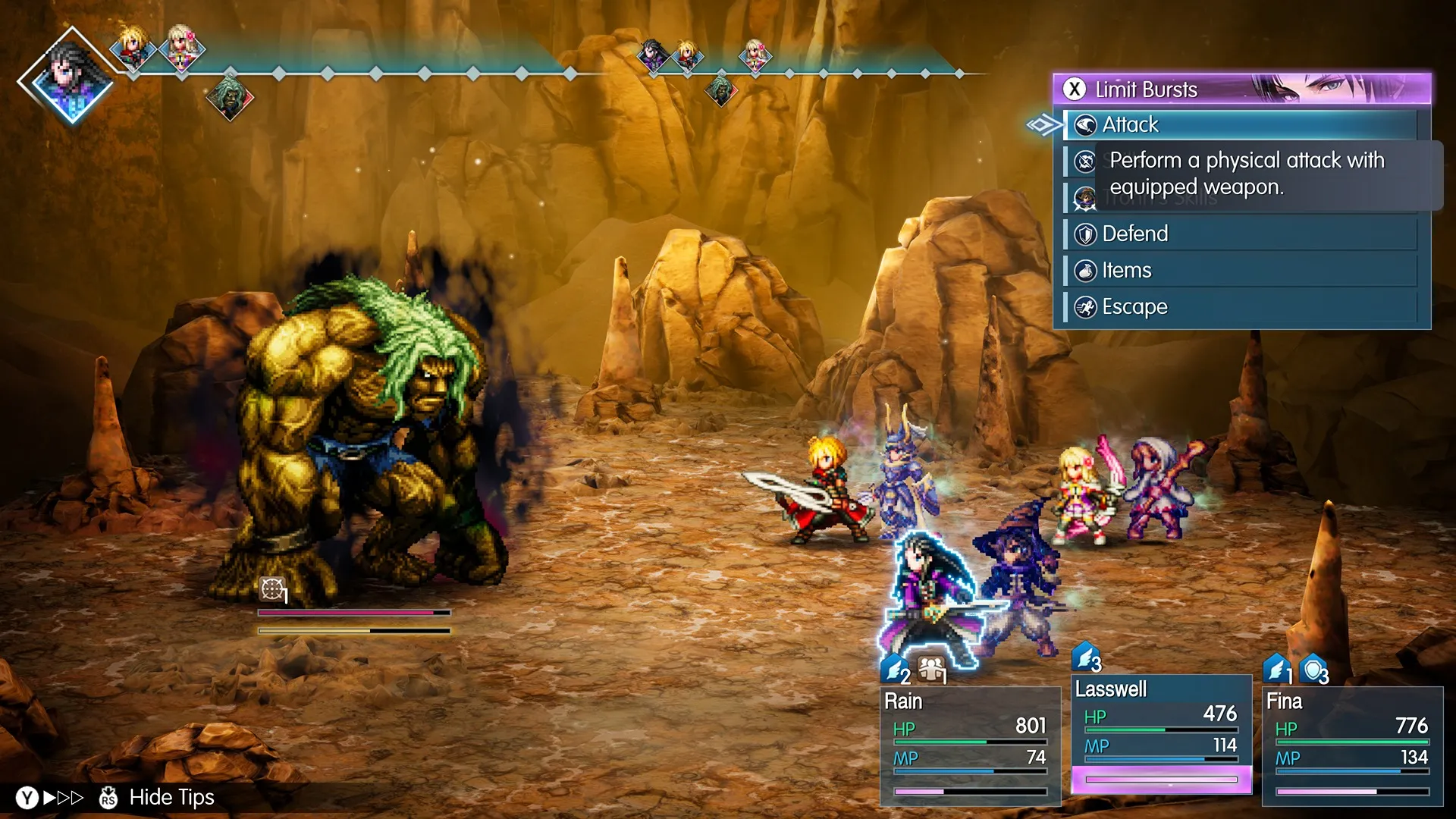 A turn-based RPG battle scene features a large, muscular, green-haired monster facing a party of five anime-style characters in a rocky desert area.