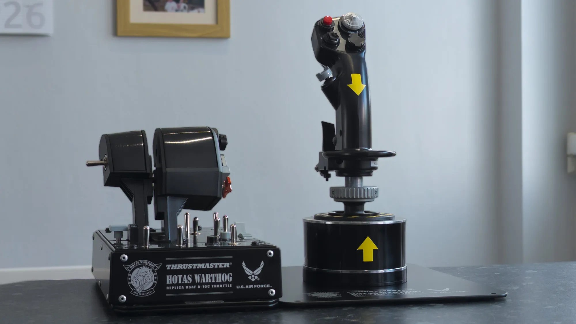 Thrustmaster HOTAS WARTHOG MK II throttle base and flight stick on a marble surface
