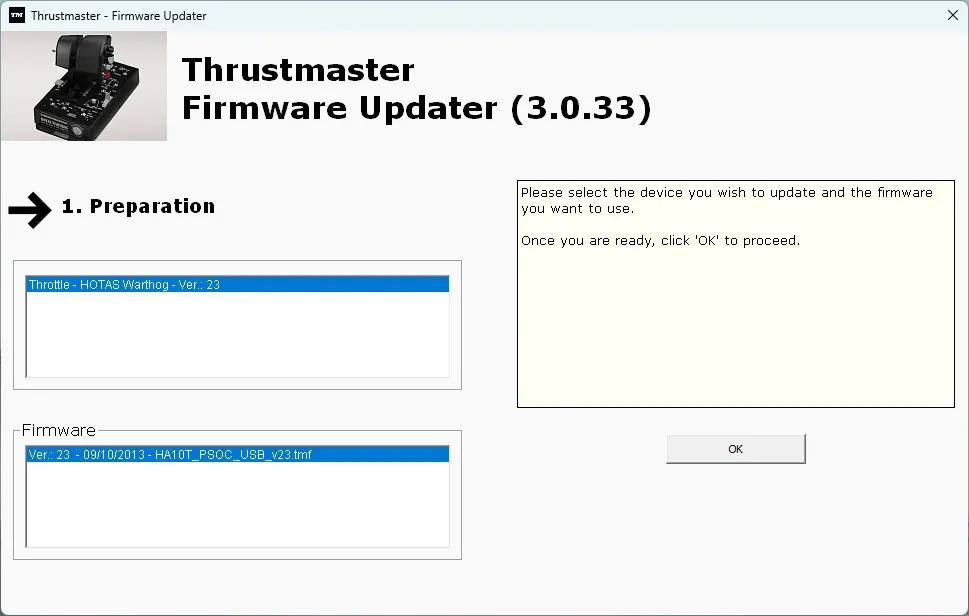 Thrustmaster HOTAS Warthog Mk II firmware updater app screenshot showing version 3.0.33