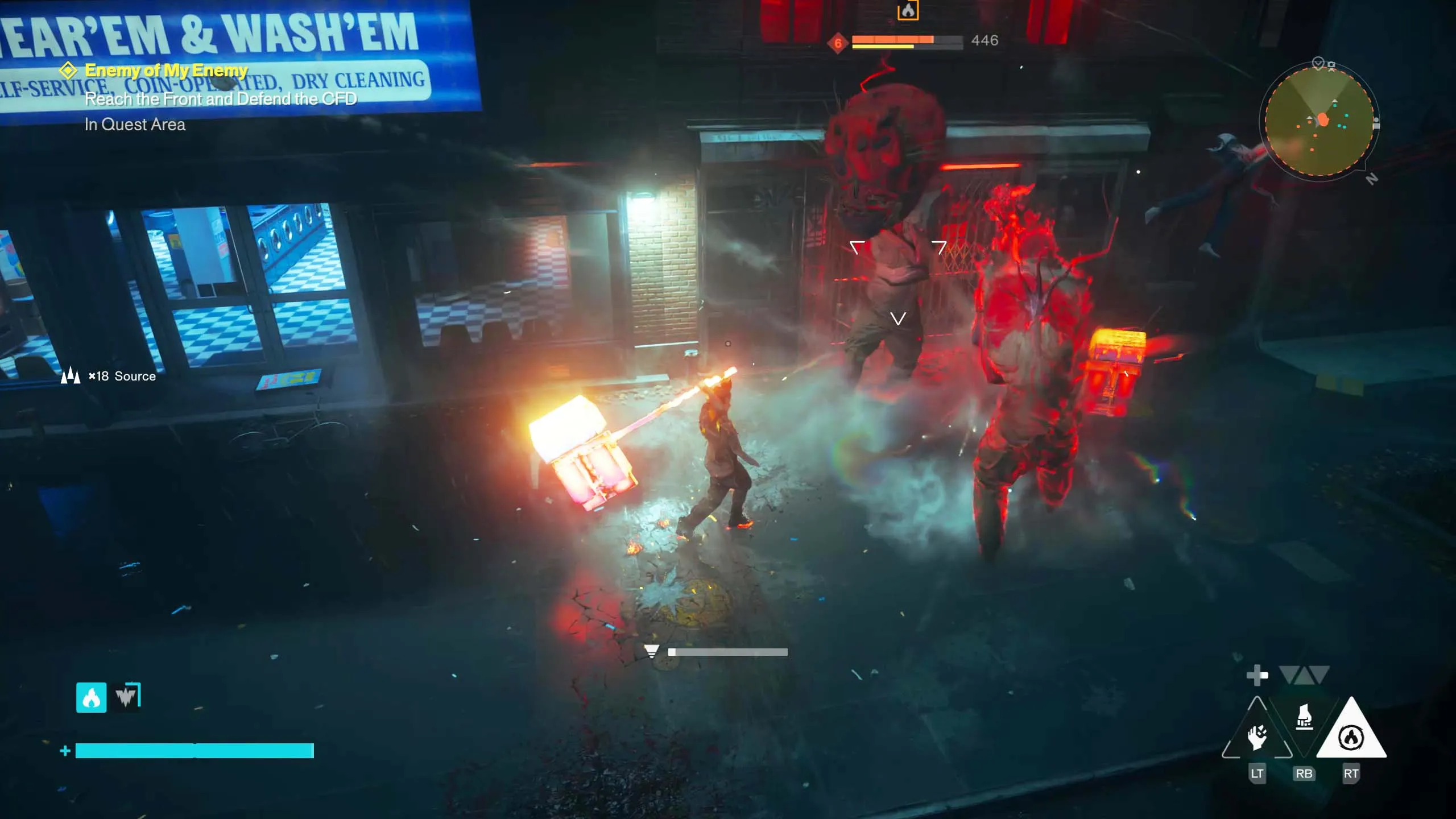 Dylan charges his hammer attack with flames as he fights Hiss near a landromat in Control Resonant