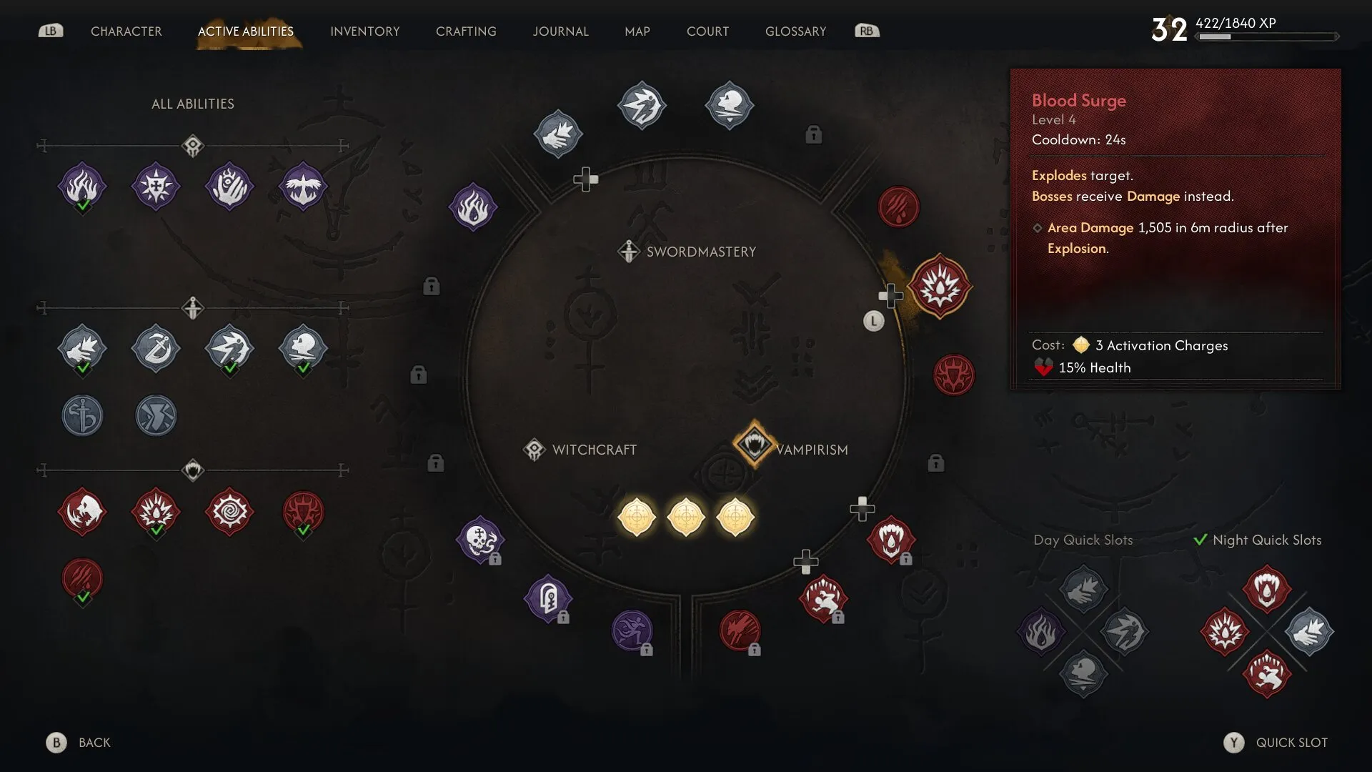 Blood of Dawnwalker screenshot of the ability wheel, highlighting Blood Surge