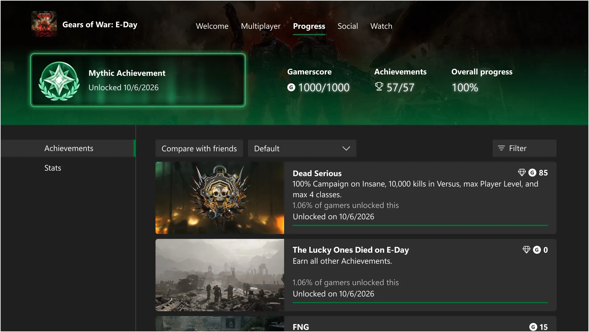 Xbox Gears of War: E-Day achievement screen shows a green Mythic Achievement unlock banner, 1000/1000 gamerscore, 57/57 achievements, and a list of completed challenges.