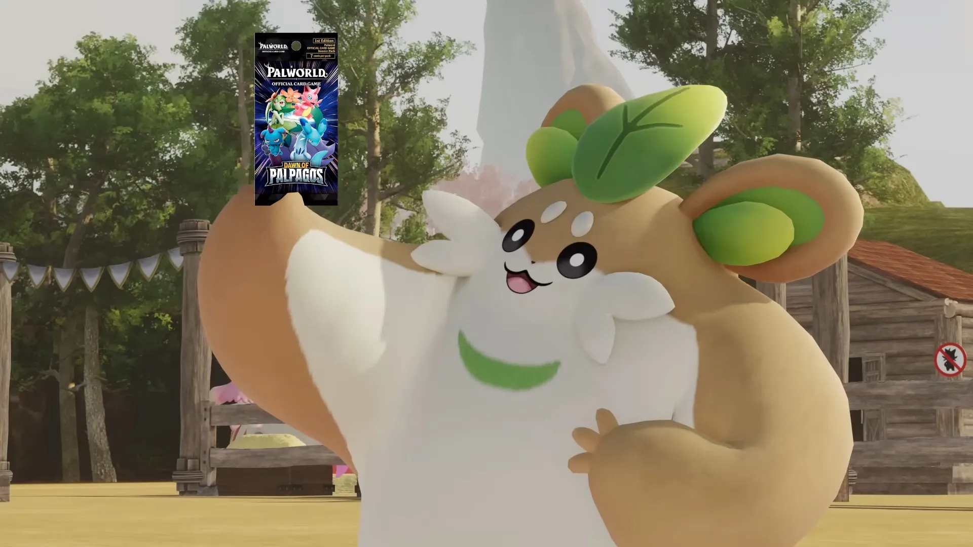 A Pal with a leaf on their head holds a Palworld booster pack with a smile