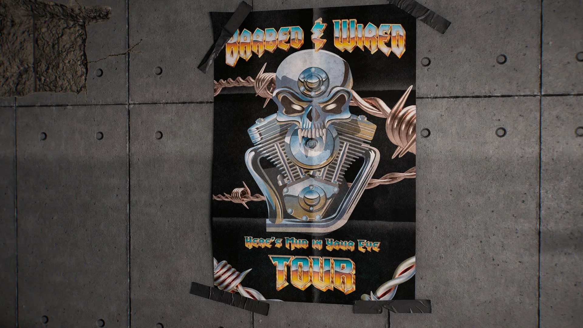 The Barebed and Wired band poster in Marvel's Wolverine within Sabertooth's room, showing a metal skull on an engine