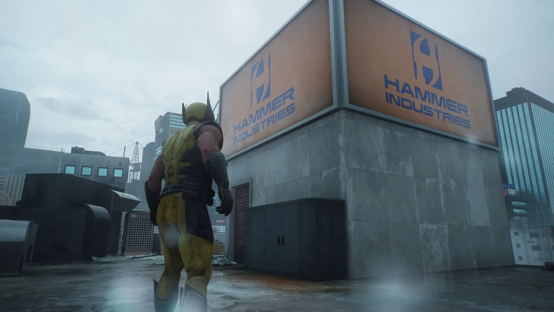 Wolverine looking at two billboards for Hammer Industries during Marvel's Wolverine