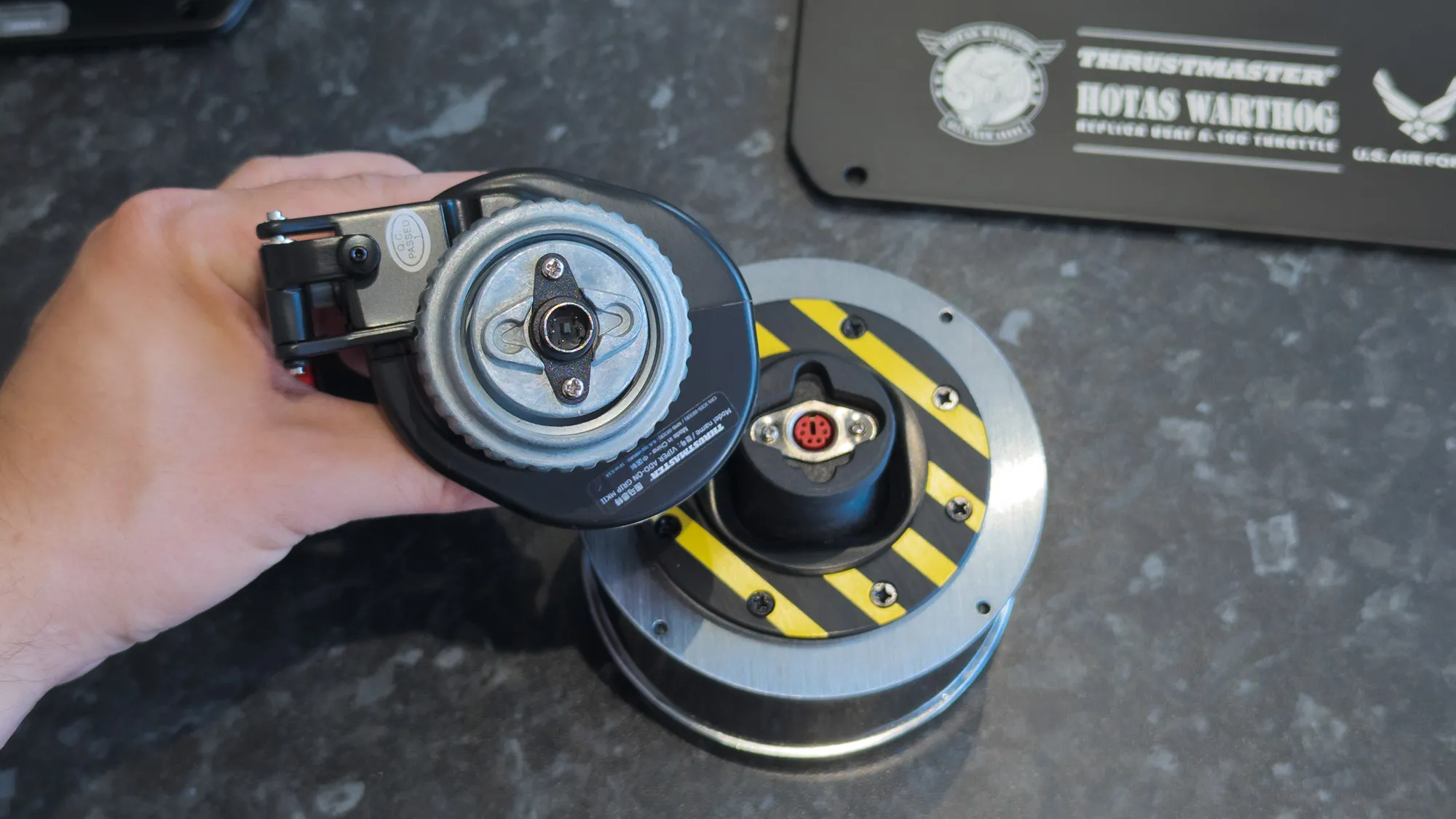 Thrustmaster HOTAS WARTHOG MK II flight stick and base connector highlighting the shape and plug type