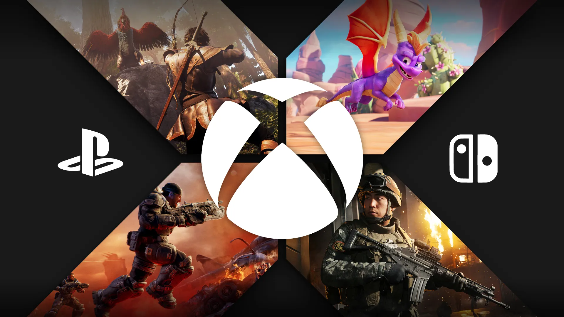 Composite image with screenshots of Modern Warfare 4, Spyro: A Realm Beyond, Gears of War: E-Day, and Fable in the wings of the Xbox logo