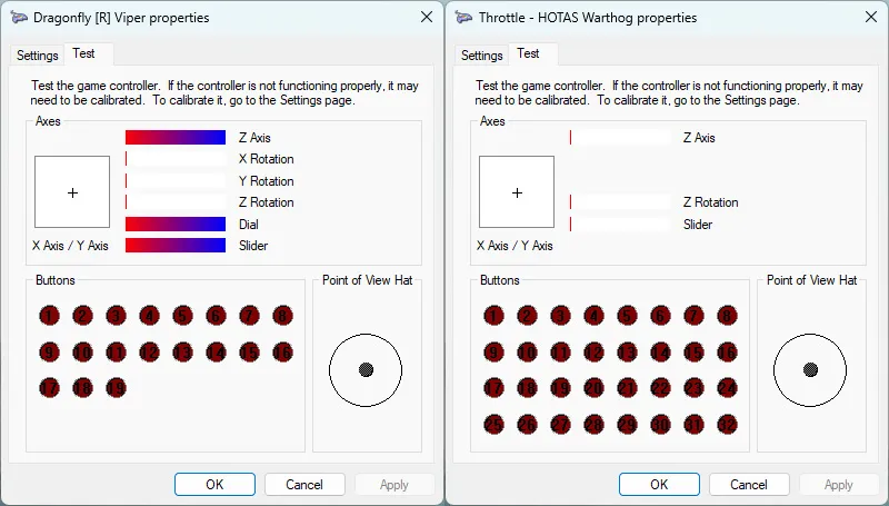 Thrustmaster HOTAS Warthog Mk II controls displayed in Windows 11 in a driver test window