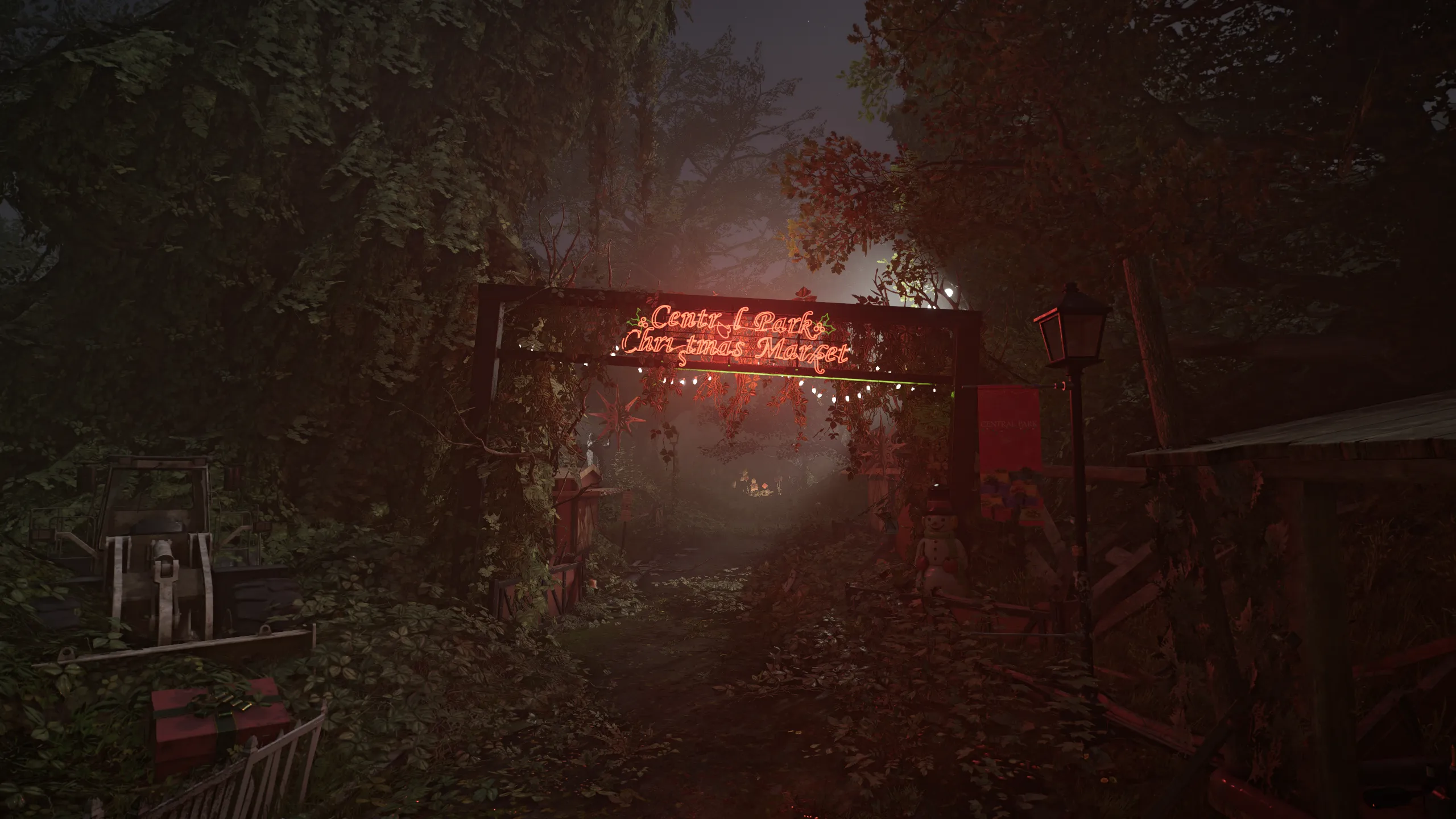 A screenshot from The Division 2 Echoes of Central Park showing a delapidated Christmas Market sign hanging over an entrance to the park.