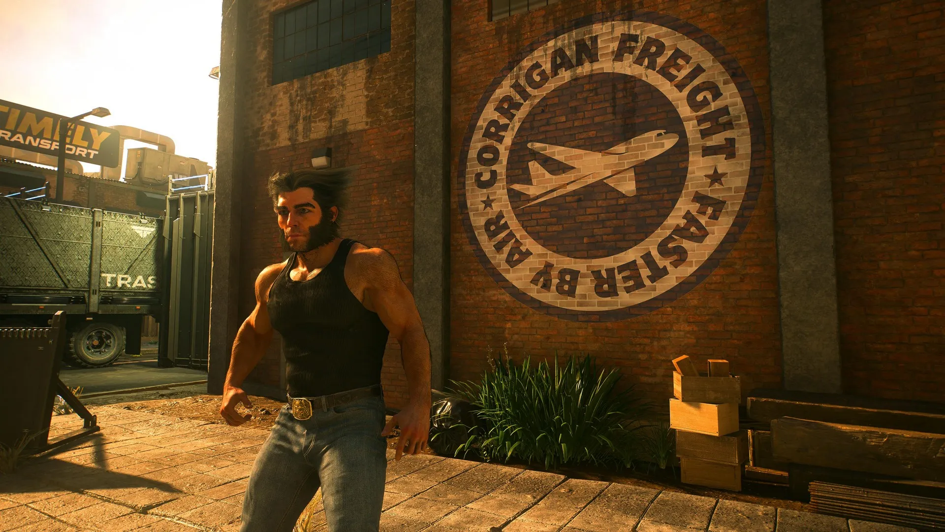 Logan stands next to a Corrigan Freight logo in Marvel's Wolverine, which has an airplane in a circle