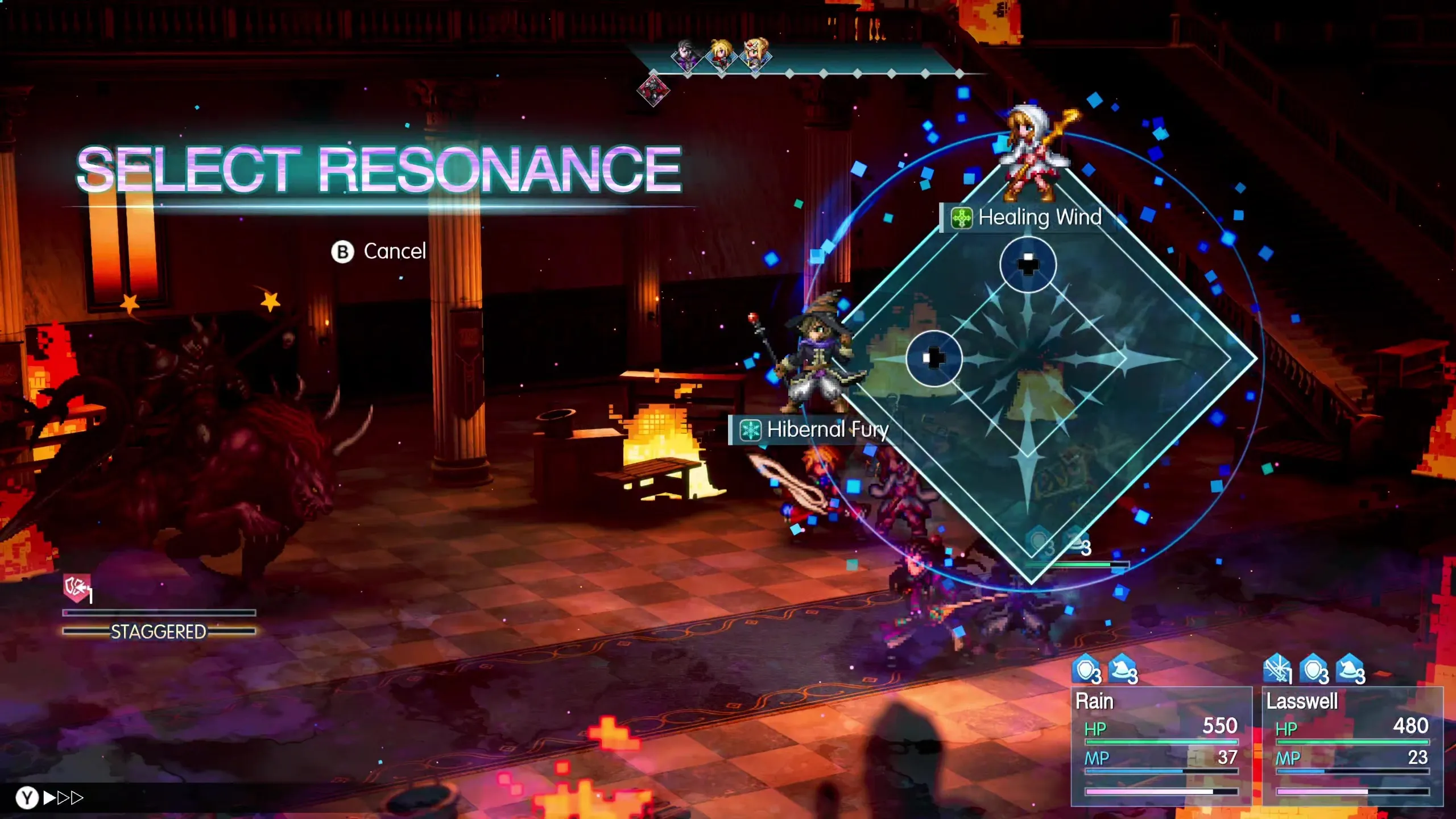 Fantasy video game battle in a fiery hall: glowing blue “Select Resonance” menu overlays heroes, enemies, and healing abilities, creating a tense mood.
