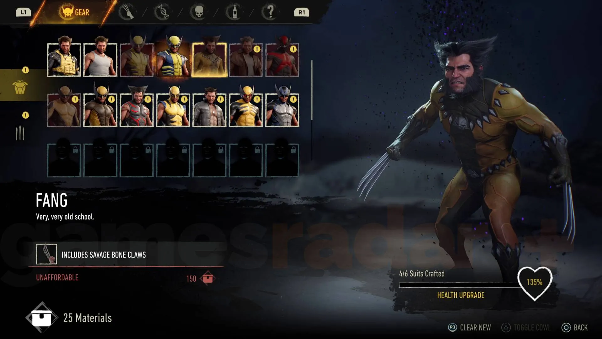 Marvel's Wolverine suits menu with recently unlocked suits and crafting cost