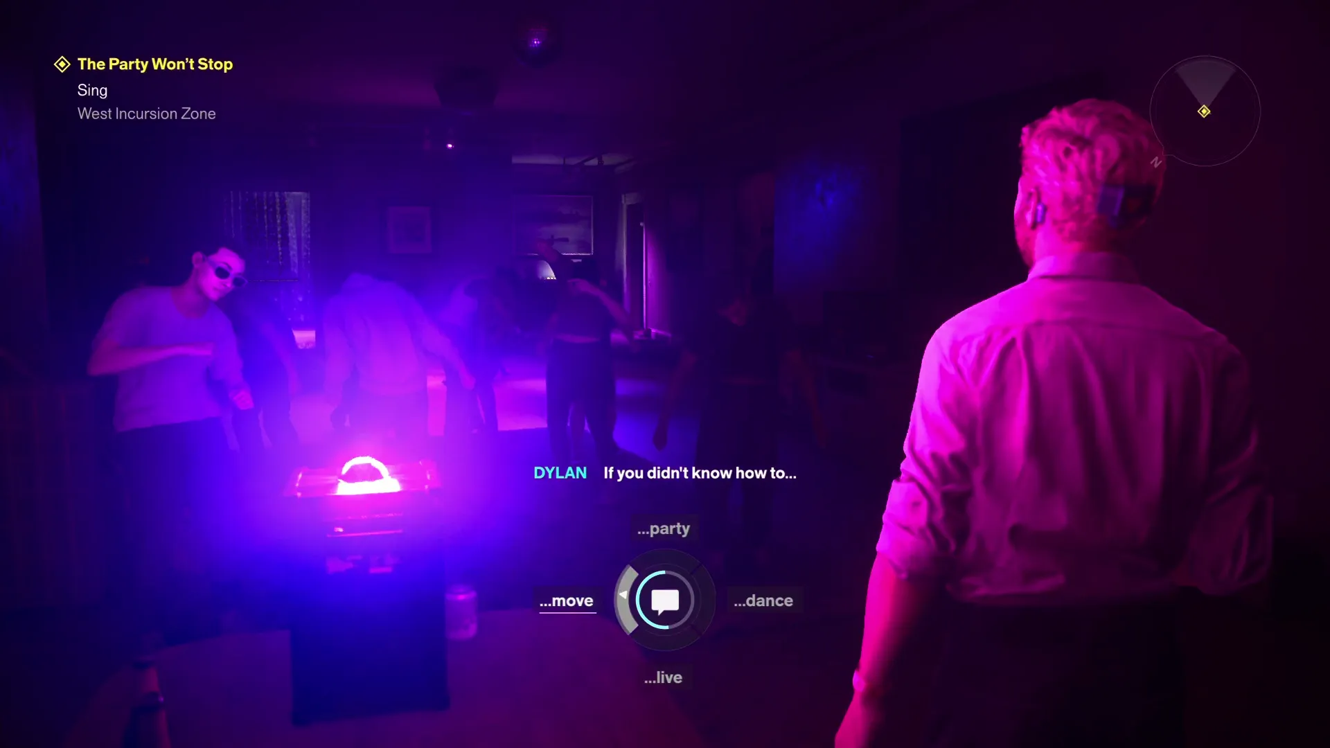 Dylan sings Karaoke in Control Resonant as part of The Party Won't Stop quest