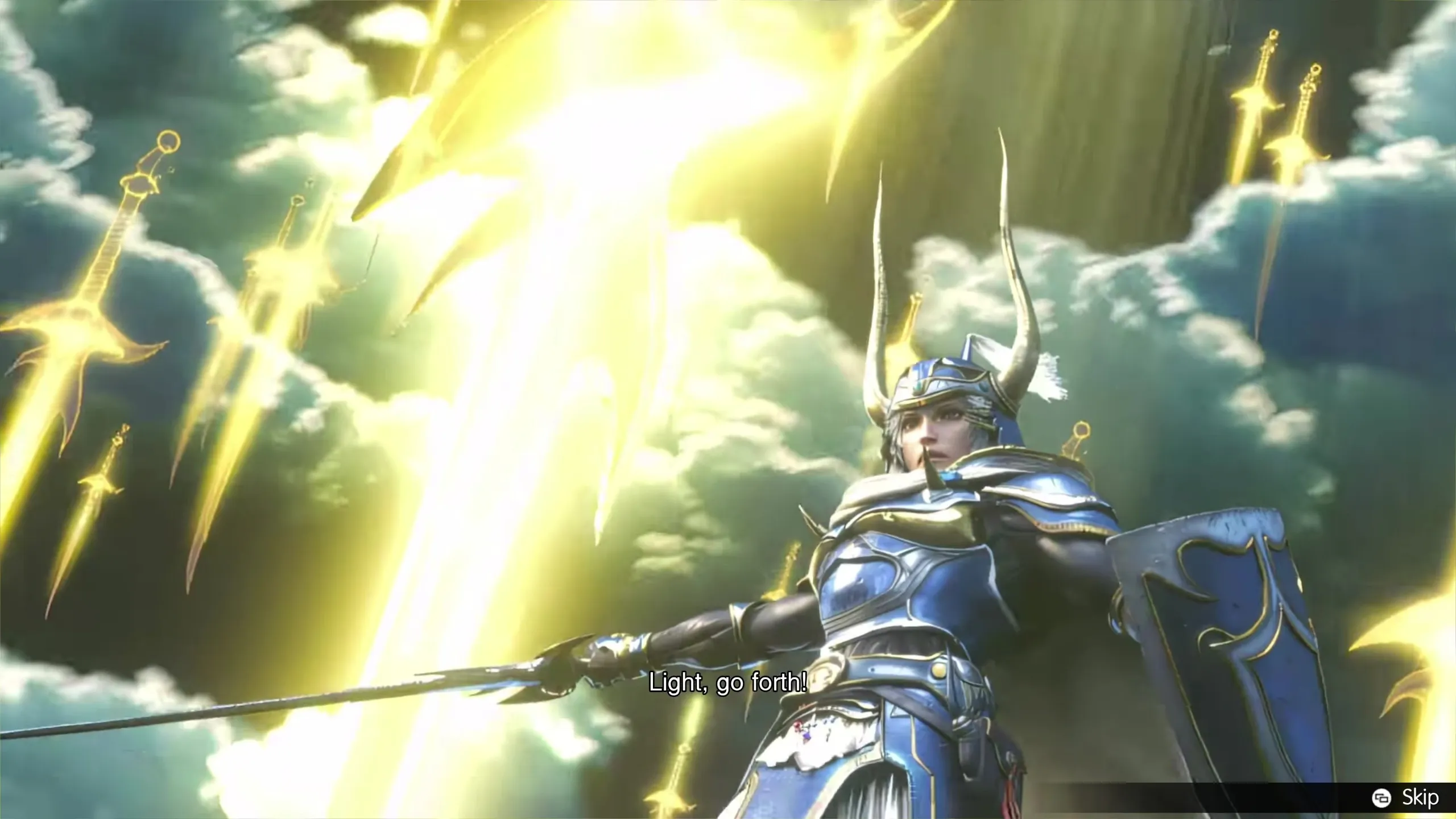 A blue-armored warrior with horns is floating in the sky and summoning a rain of golden swords down onto his enemies.