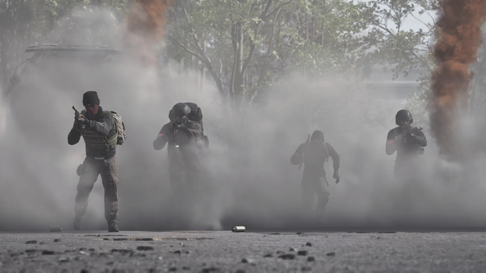 Wardogs four players running through smoke cloud