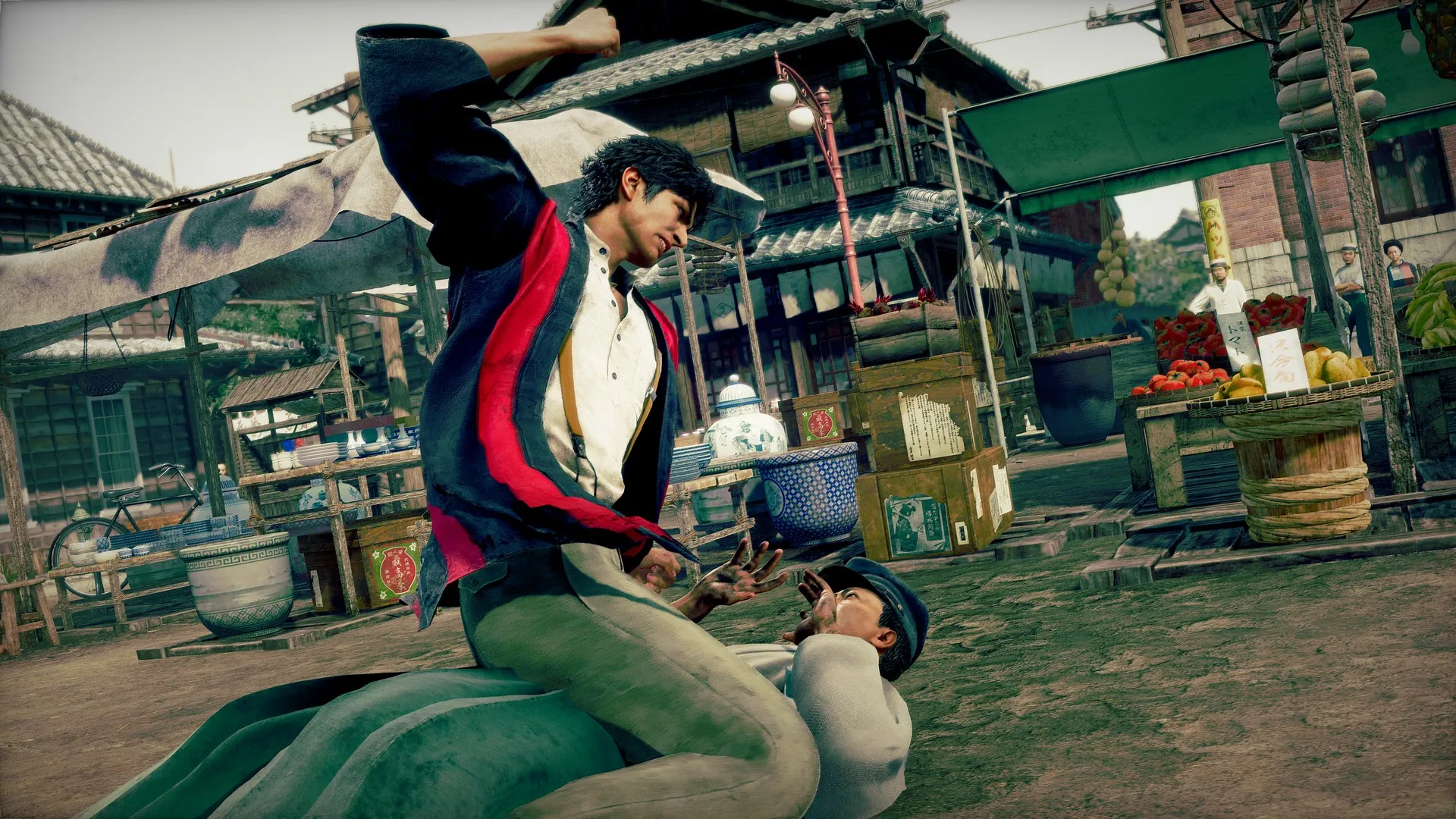 Sitting atop a man and beating him with fists in Stranger Than Heaven's Kokura setting