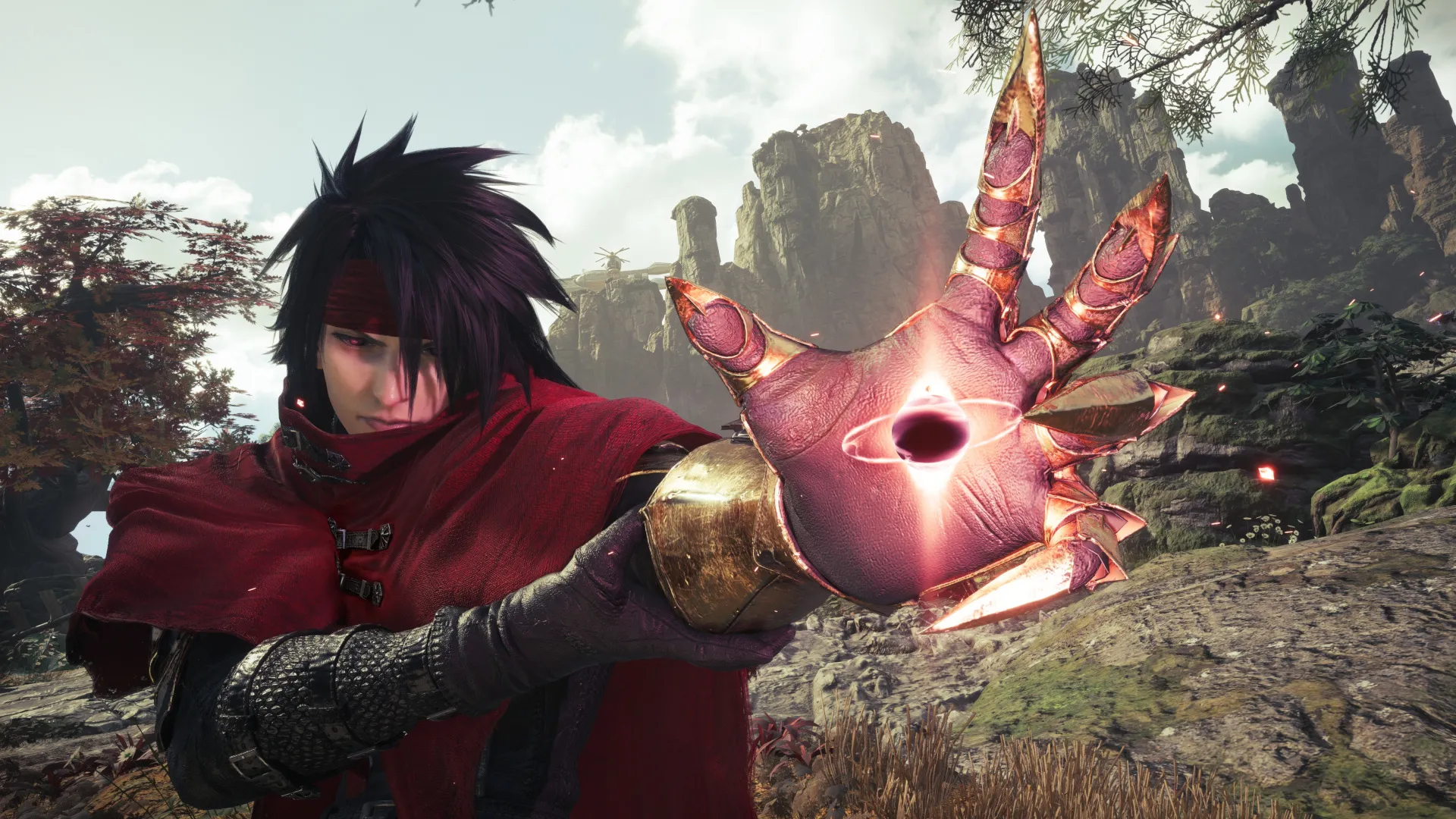 Party member Vincent Valentine, who has dark long hair and a red headband, raises a crystal in his hand in Final Fantasy 7 Revelation