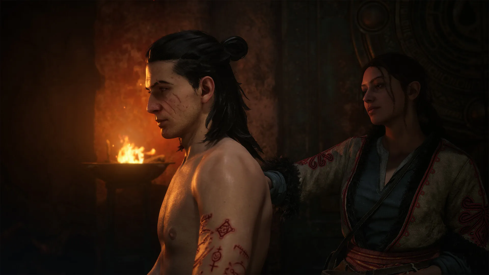 Blood of Dawnwalker protagonist Coen rests shirtless and scarred in front of a female character