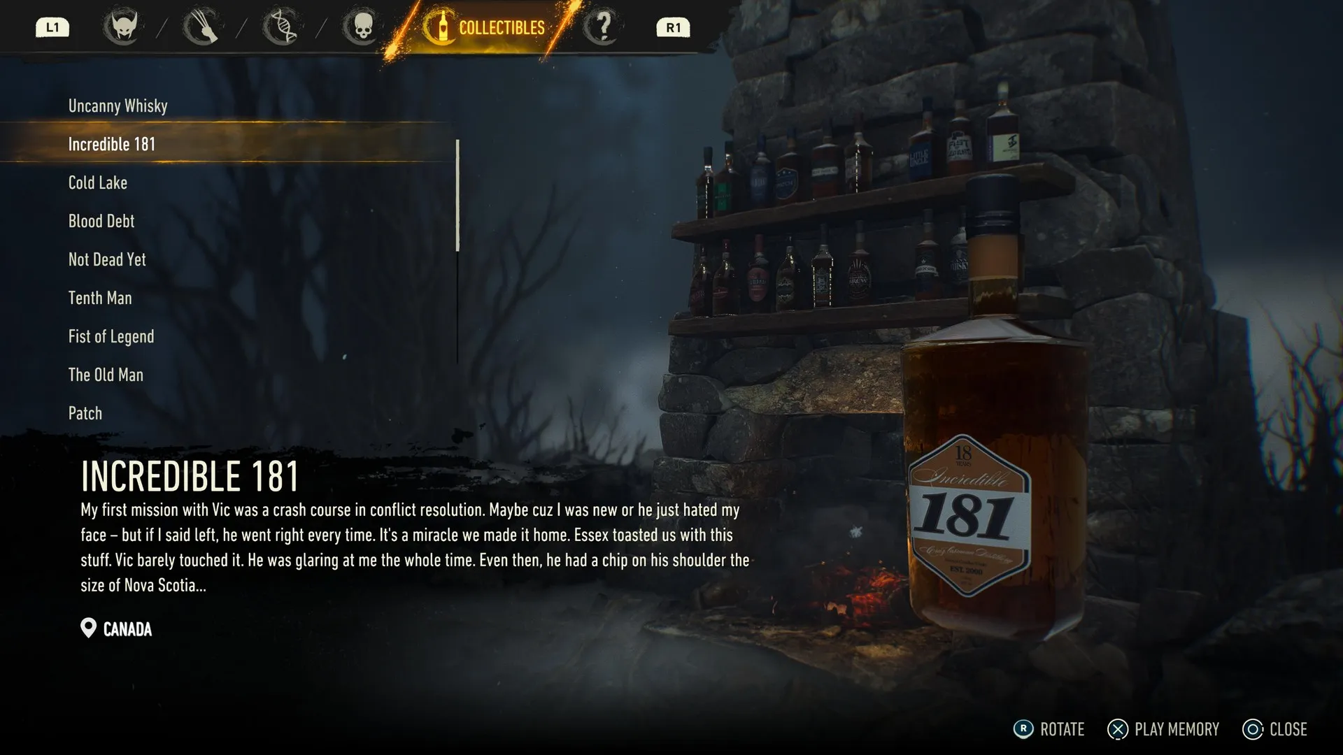 The whiskey collectibles screen in Marvel's Wolverine, highlighting the Incredible 181 bottle