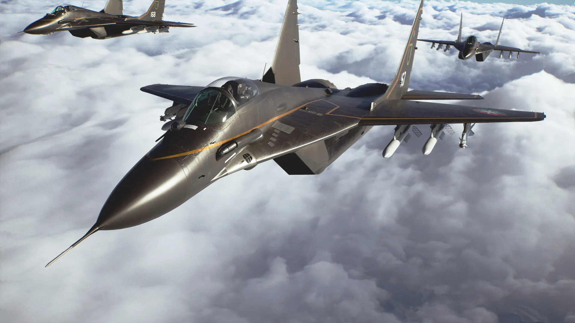 Three jet fighter planes fly through the sky in Ace Combat 8: Wings of Theve