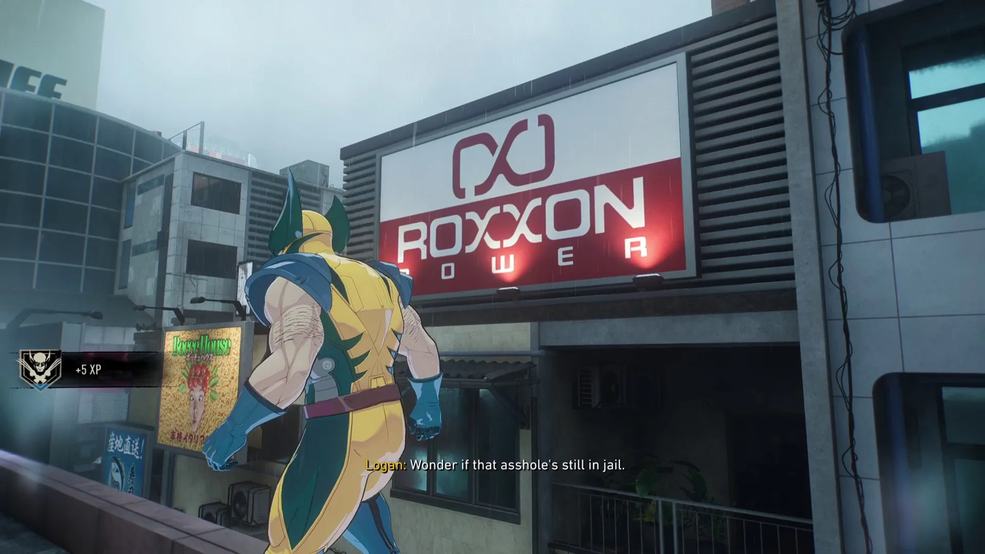 Wolverine walking past a billboard for Roxxon during Marvel's Wolverine