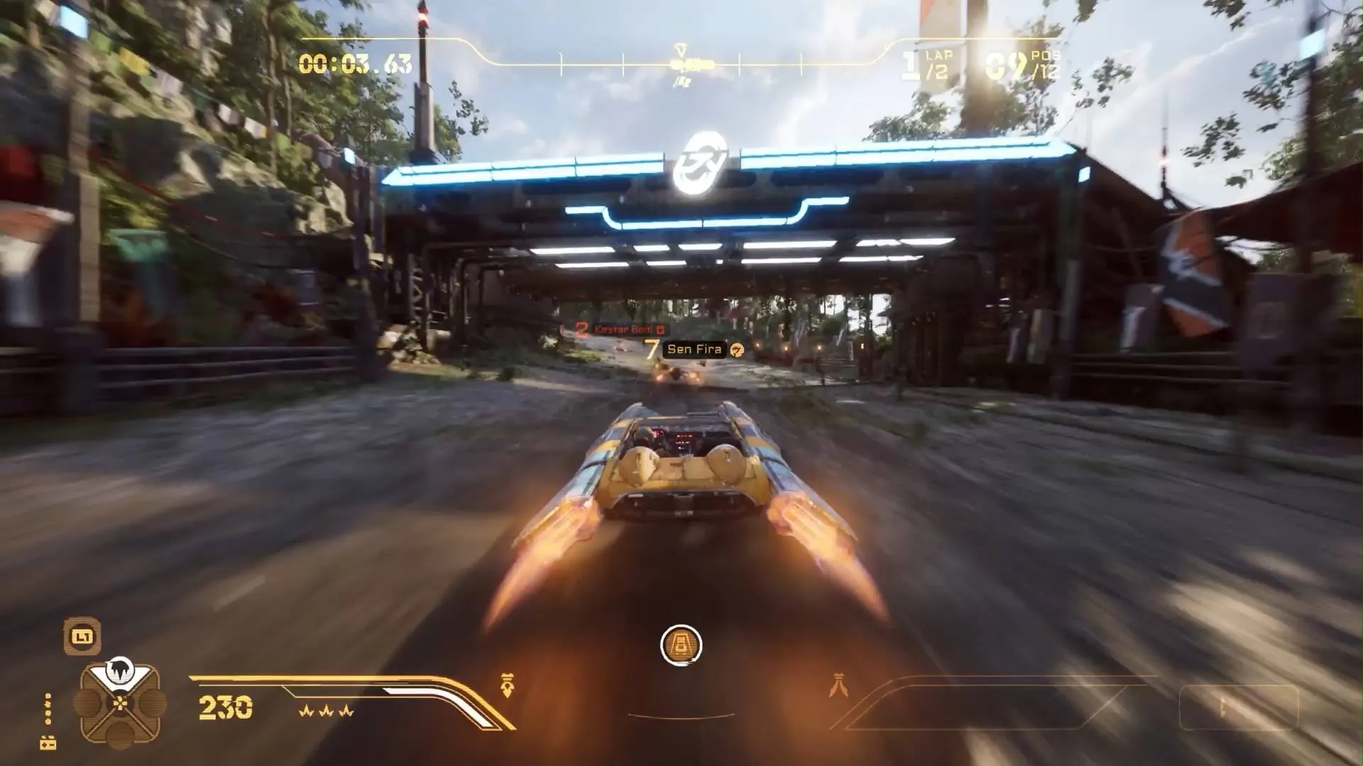 Star Wars Galactic Racer landspeeder using afterburners and approaching start/finish line on Lantaana race