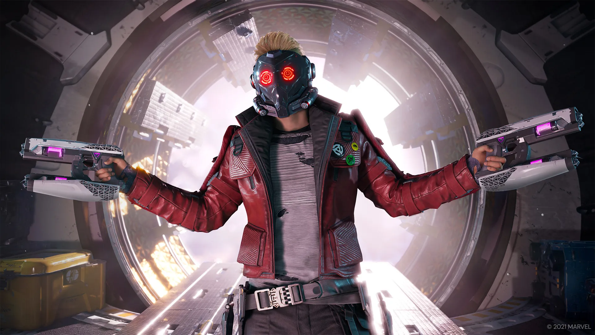 Star Lord holding two sci-fi pistols and walking onto a space ship during one of the best superhero games, Marvel's Guardians of the Galaxy