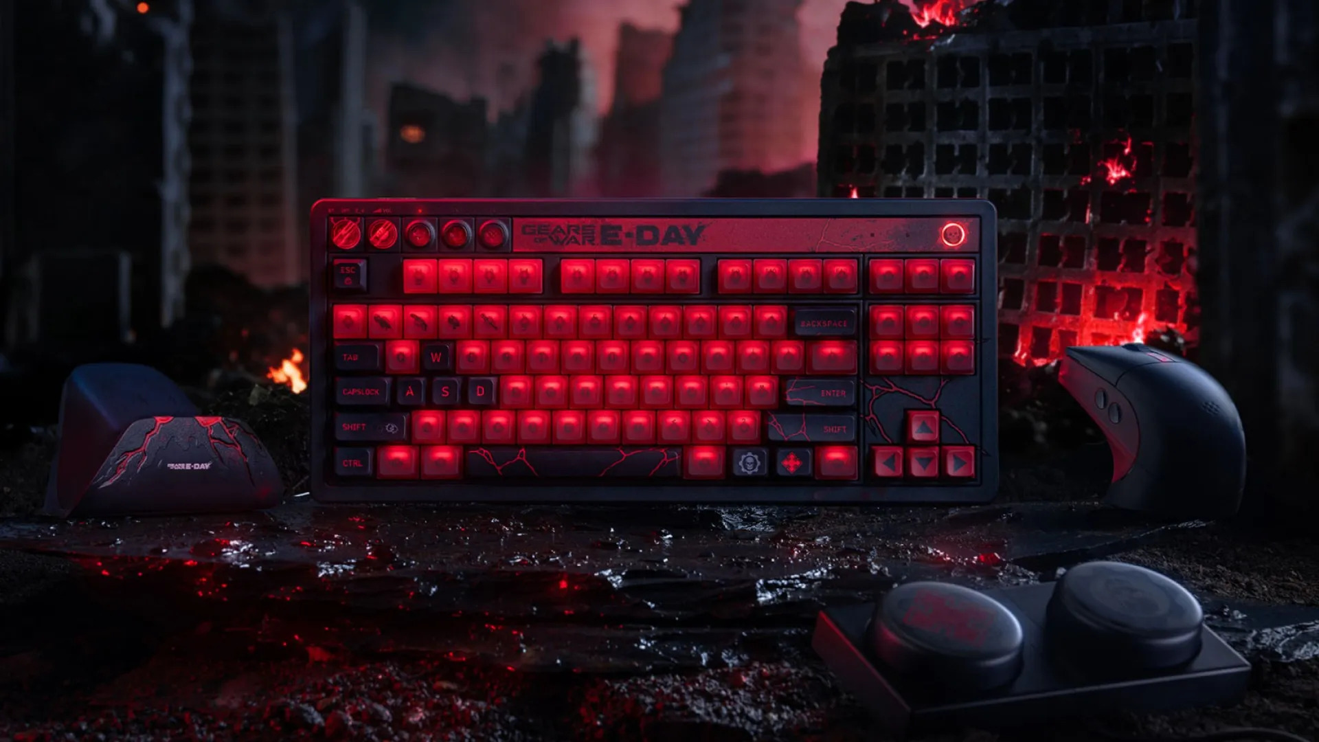 8BitDo Gears of War special edition gaming keyboard and mouse on a burning city background