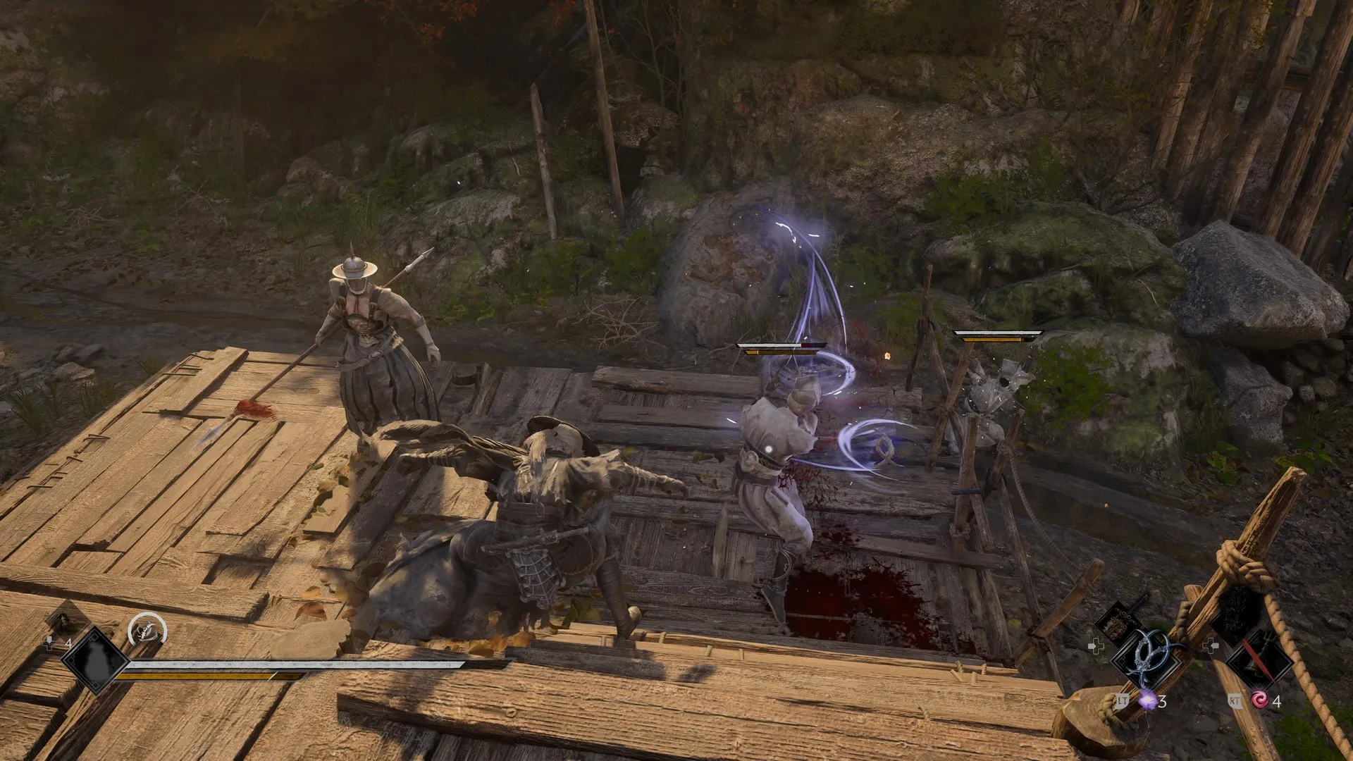 Soul fights multiple enemies on a raised wooden platform in Phantom Blade Zero