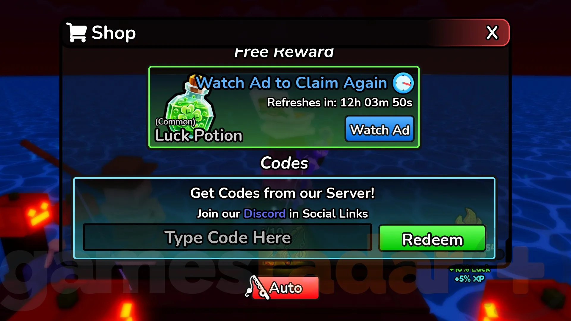 The Deep Fishing codes redemption box.