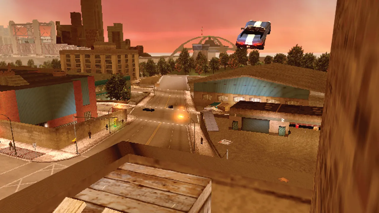 Claude takes a large jump in the banshee sport car in Grand Theft Auto 3, from the PLAY Magazine GTA 3 20th anniversary Making Of feature