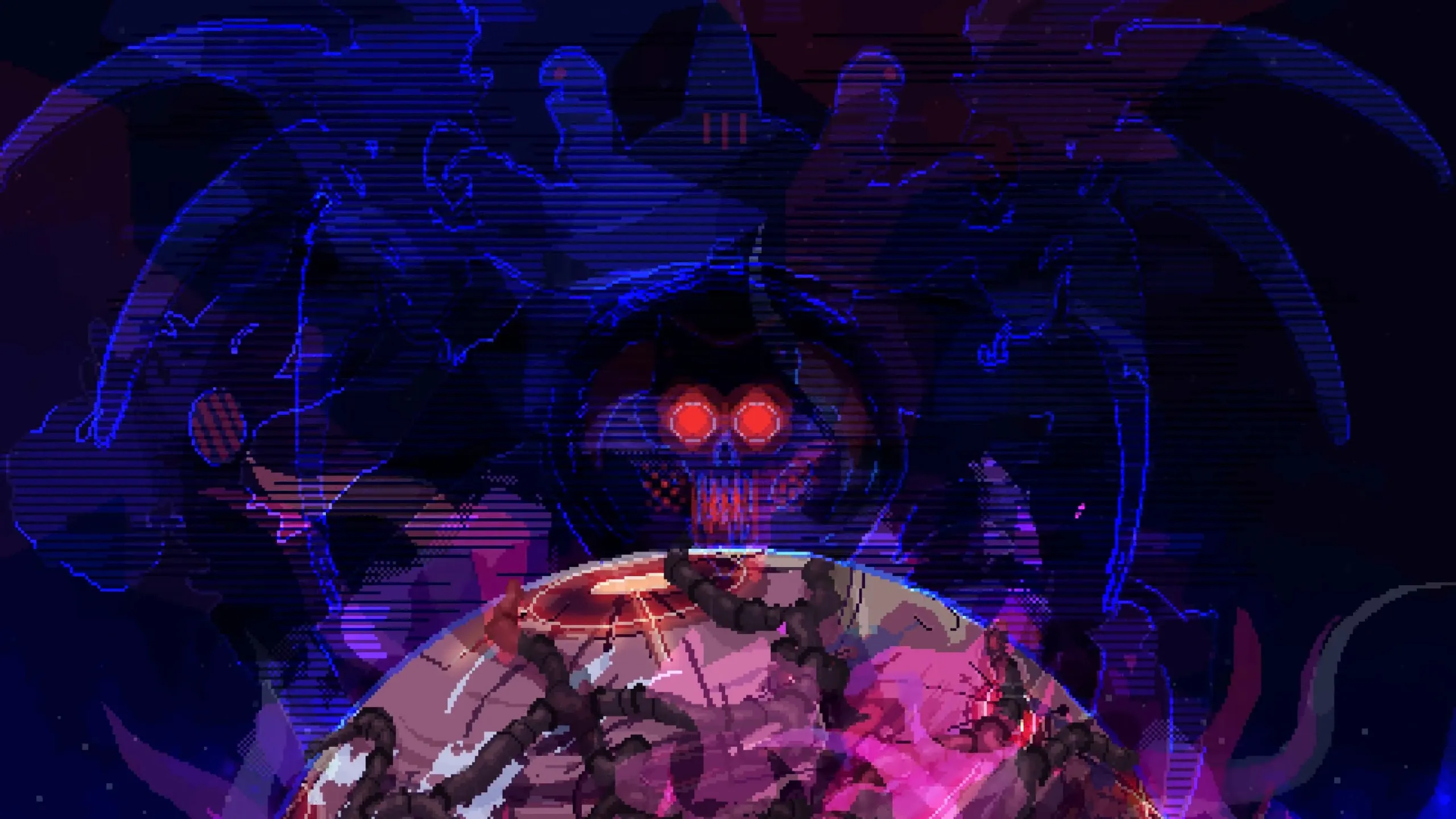 A glitchy neon-blue demon with glowing red eyes looms over a pink-purple planet dotted with shadowy figures, creating an ominous sci-fi mood.