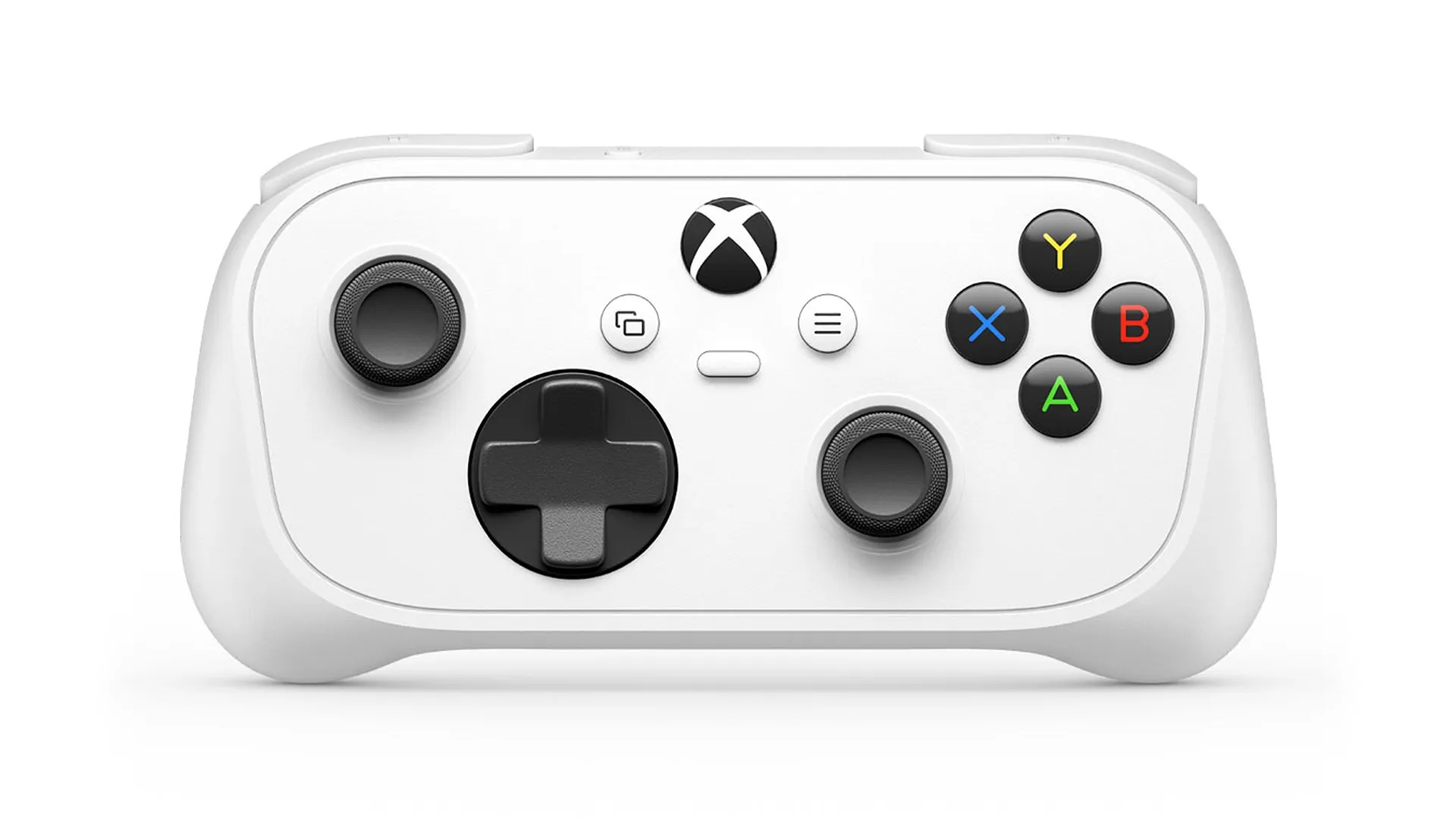 A white Xbox-style game controller with black thumbsticks, directional pad, and colored ABXY buttons, shown alone on a clean white background.