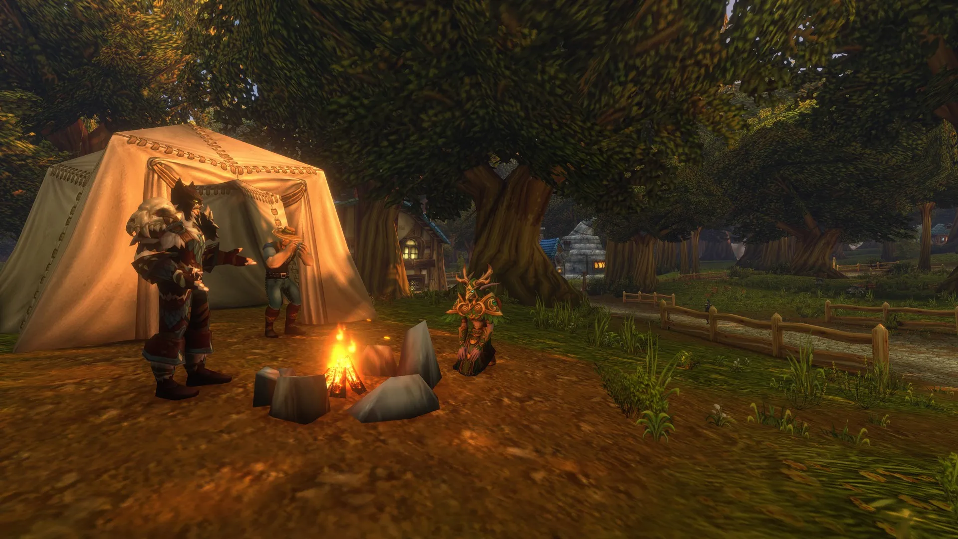 Players gather around a campfire in World of Warcraft: Forever in a forest location