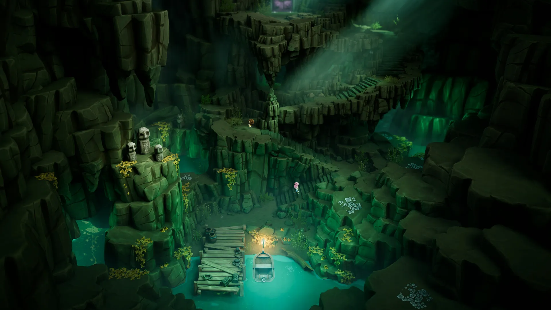 Two players running towards a door in the upcoming co-op game, Stage Fright