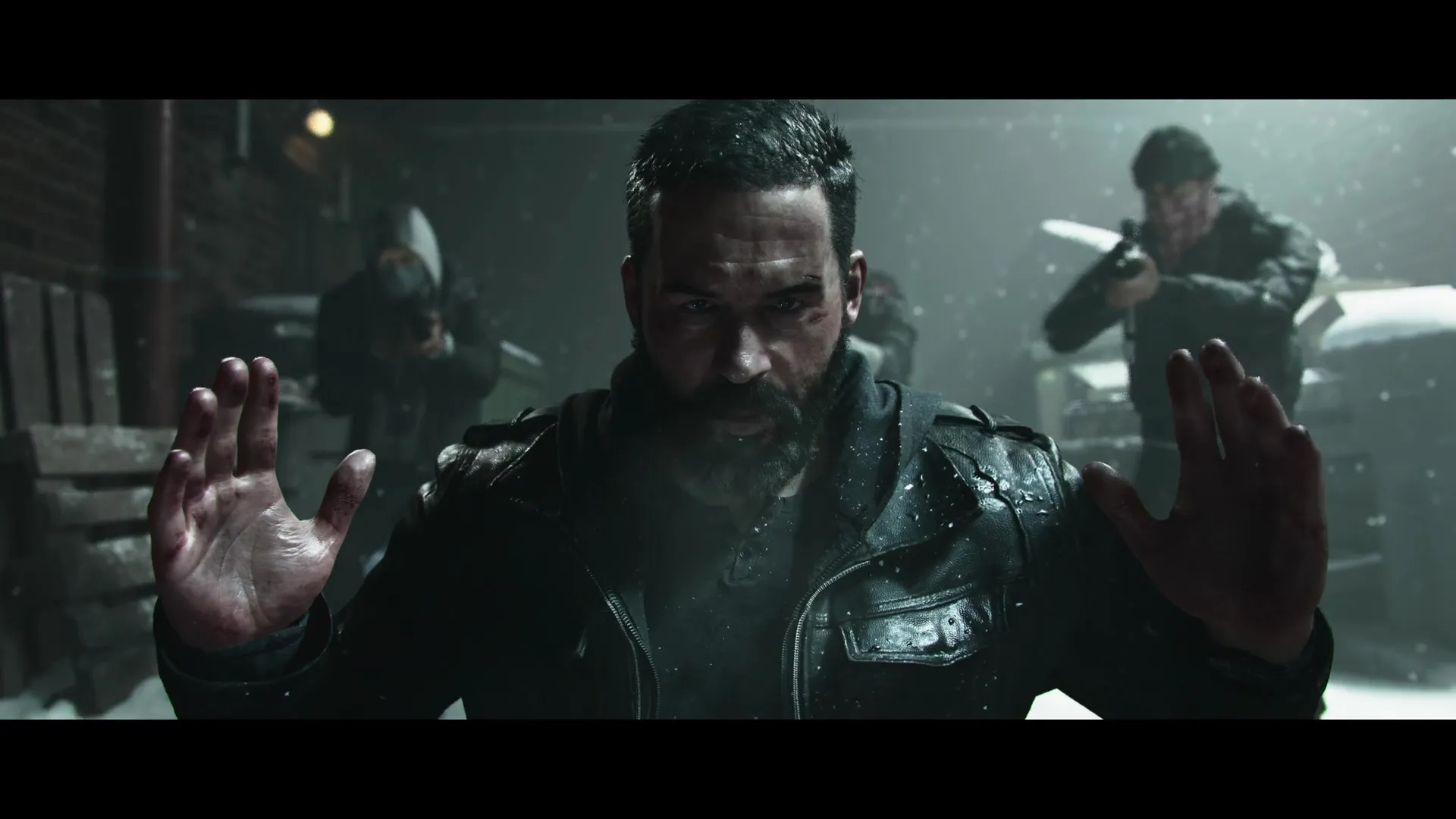 Captain Price raises his hands in the snow as he's approached by two people with guns behind him