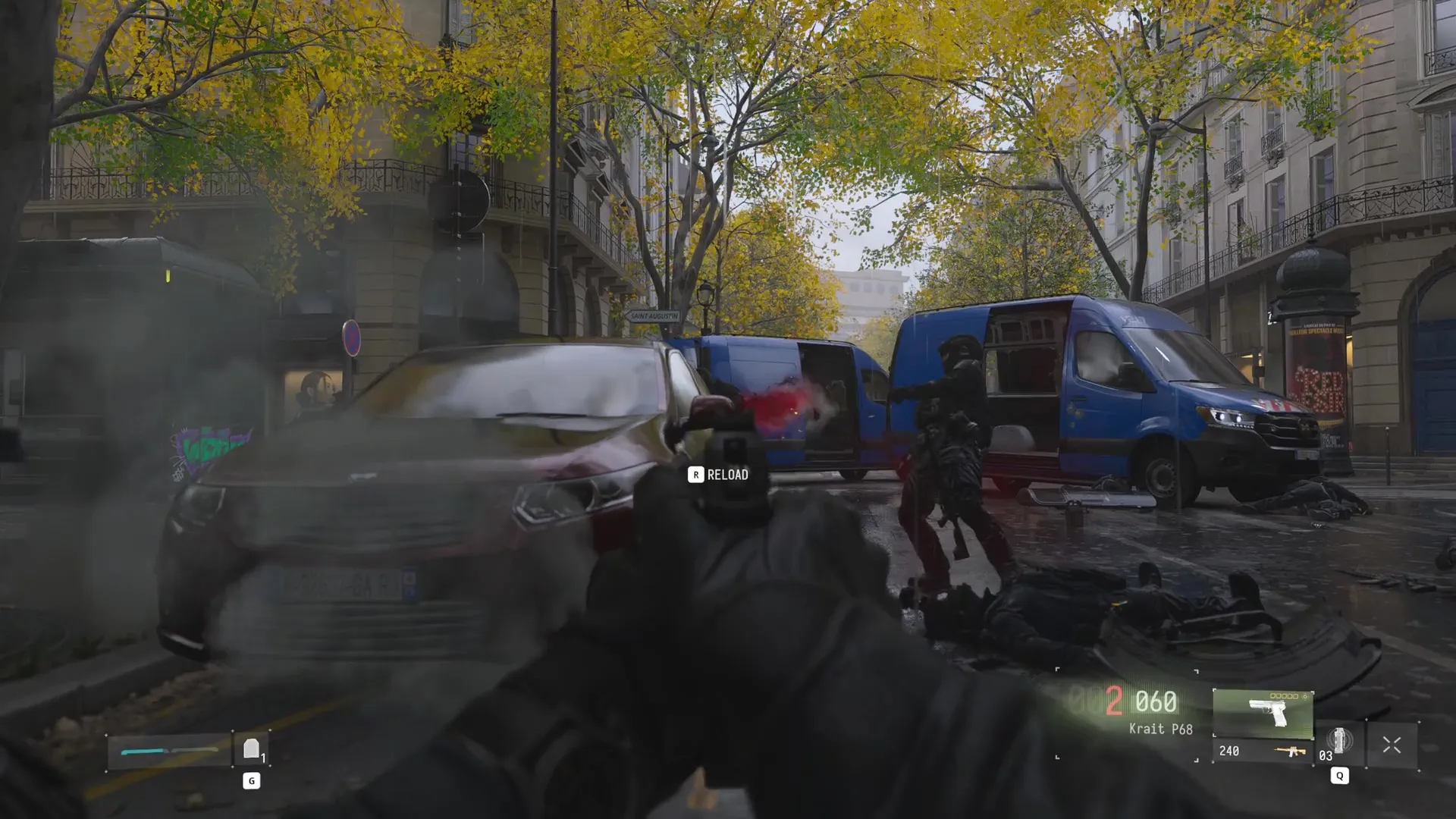 Shooting enemy soldiers on the streets of Paris in Call of Duty Modern Warfare 4