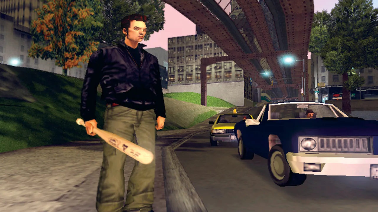 Claude stands with his baseball bat by the side of the road in Grand Theft Auto 3, from the PLAY Magazine GTA 3 20th anniversary Making Of feature