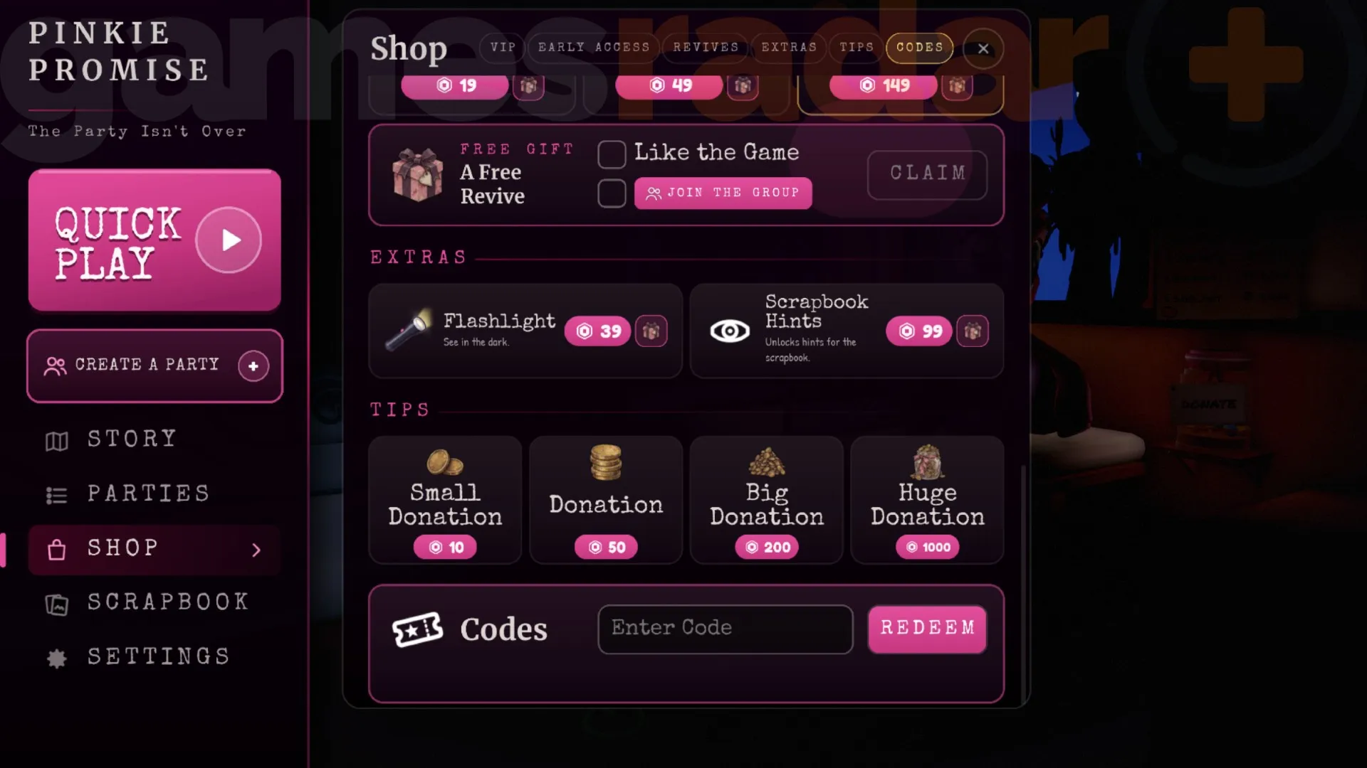 The Pinkie Promise codes redemption box in the main menu of the Roblox game.