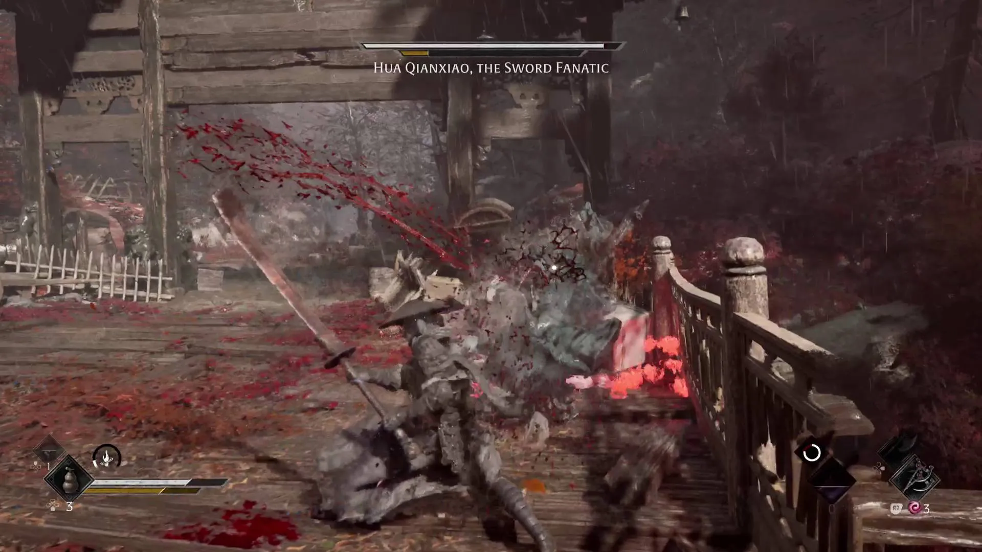 Phantom Blade Zero Soul refilling Sha-Chi by switchiing weapons while fighting Hua Qianxiao, the Sword Fanatic