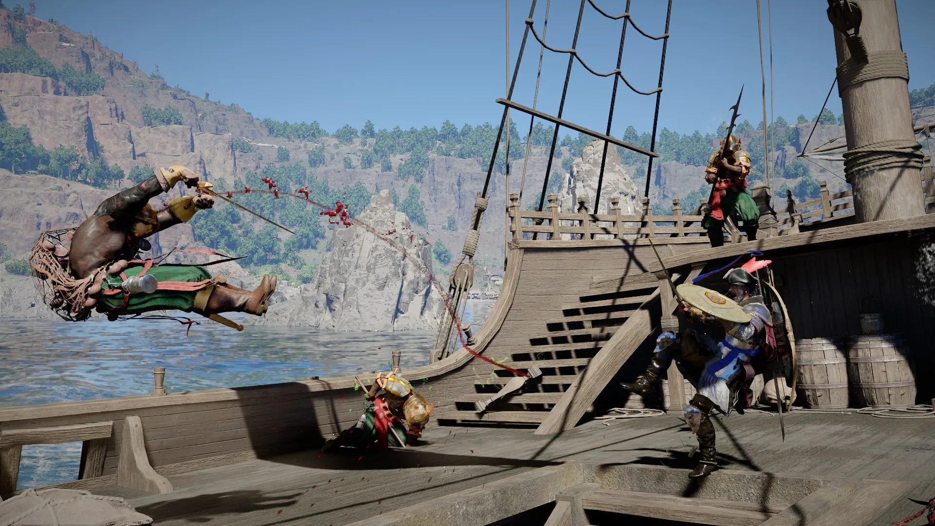 Kliff kicks an enemy off a ship in the Crimson Desert DLC
