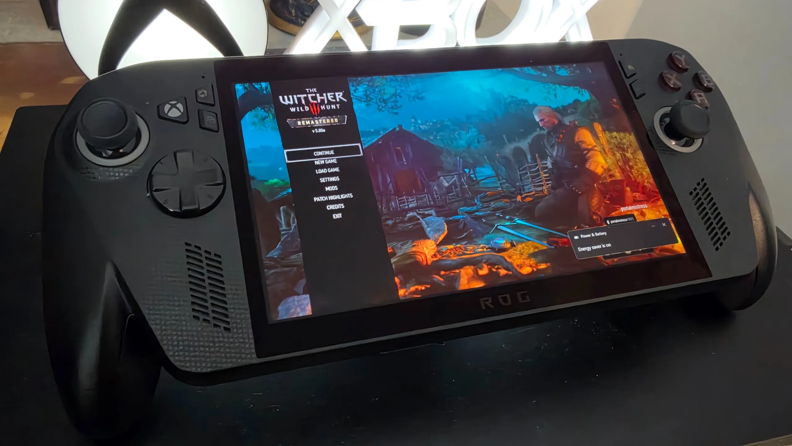 Xbox Rog Ally X showing Witcher 3 Remaster loading screen