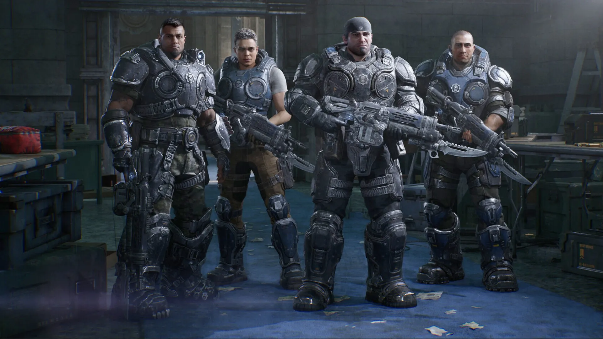 A squad of four readies up for the Gears of War E-Day multiplayer beta.