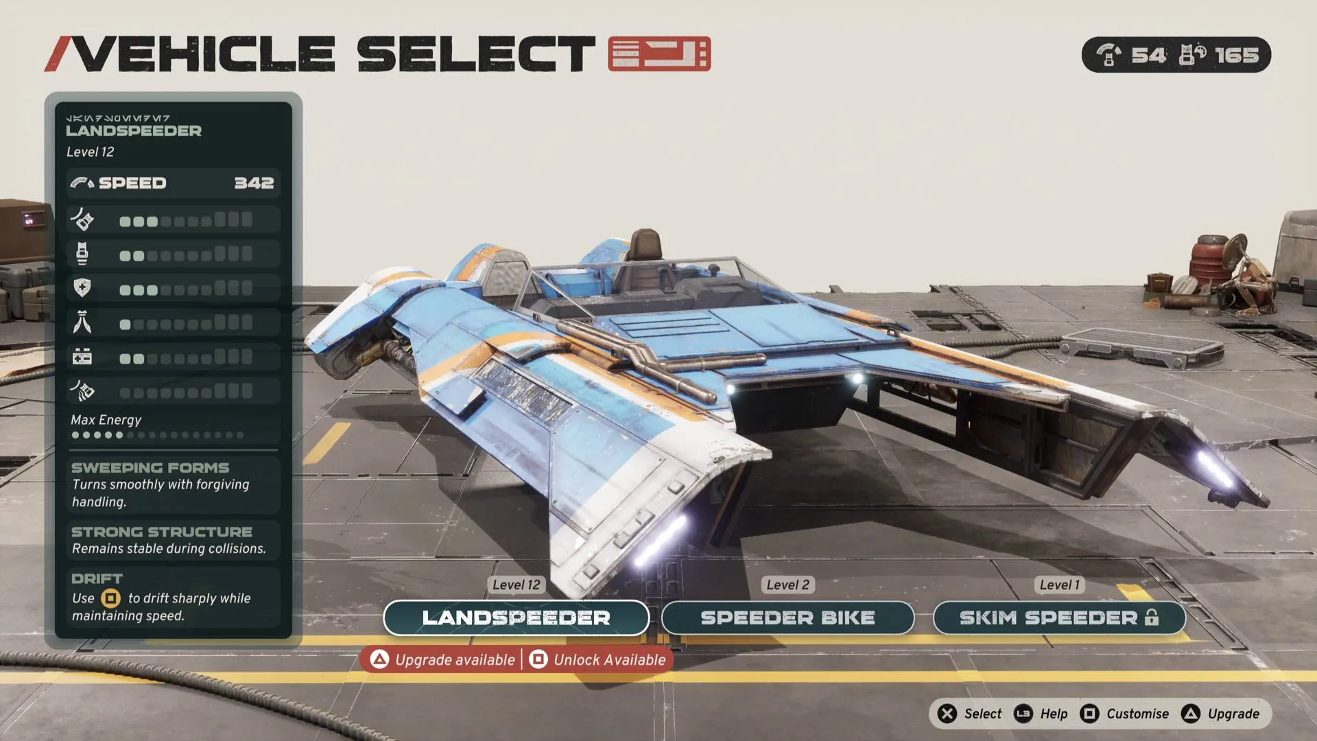 Star Wars Galactic Racer upgraded landspeeder in vehicle select menu