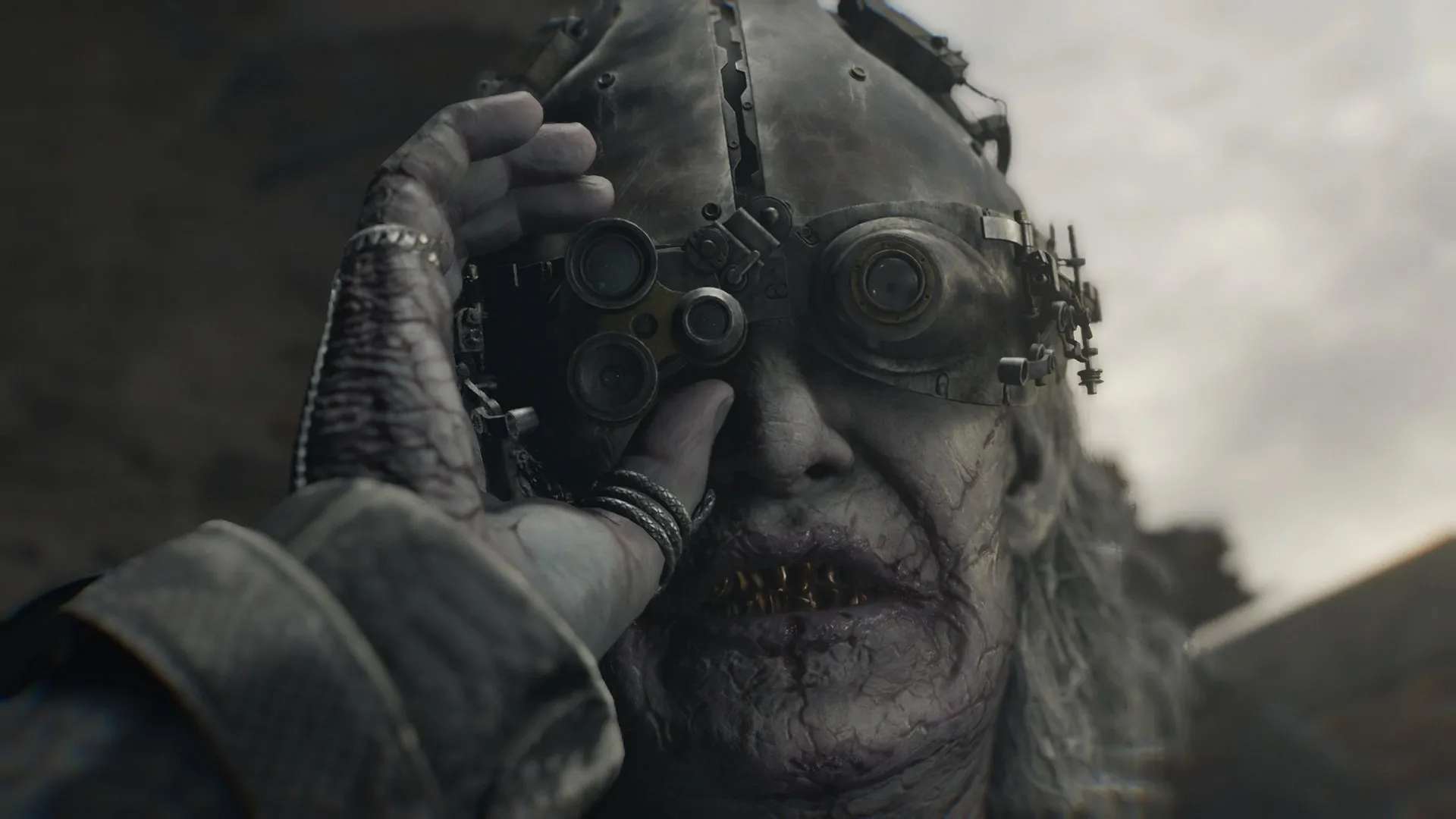Dr Gideon adjusts his helmet and goggles in Resident Evil Requiem
